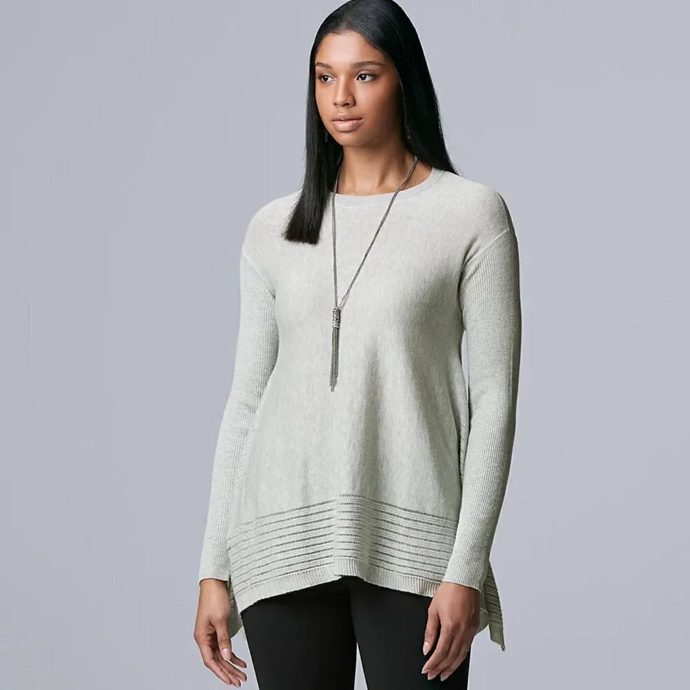 Simply Vera Wang Womens Gray Crew Neck Sweater Knit Tunic Top Sz M New
